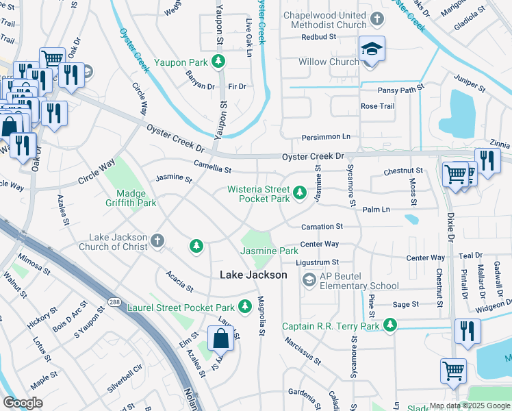 map of restaurants, bars, coffee shops, grocery stores, and more near 610 Winding Way in Lake Jackson