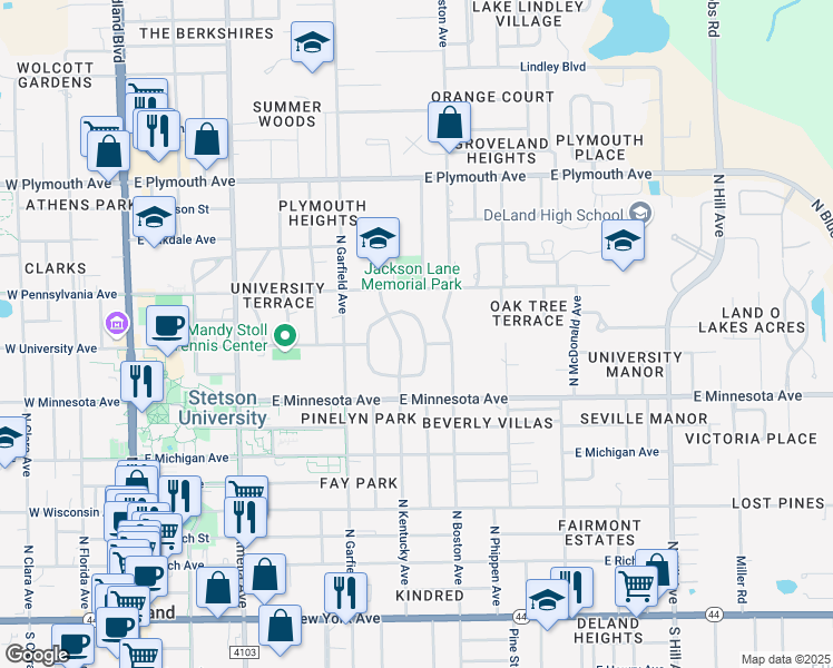map of restaurants, bars, coffee shops, grocery stores, and more near 40 North University Circle in DeLand