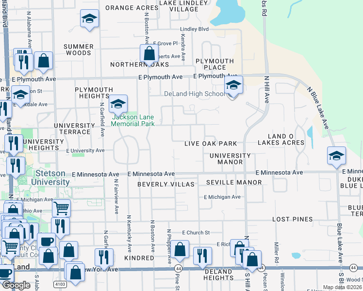 map of restaurants, bars, coffee shops, grocery stores, and more near 851 East Minnesota Avenue in DeLand