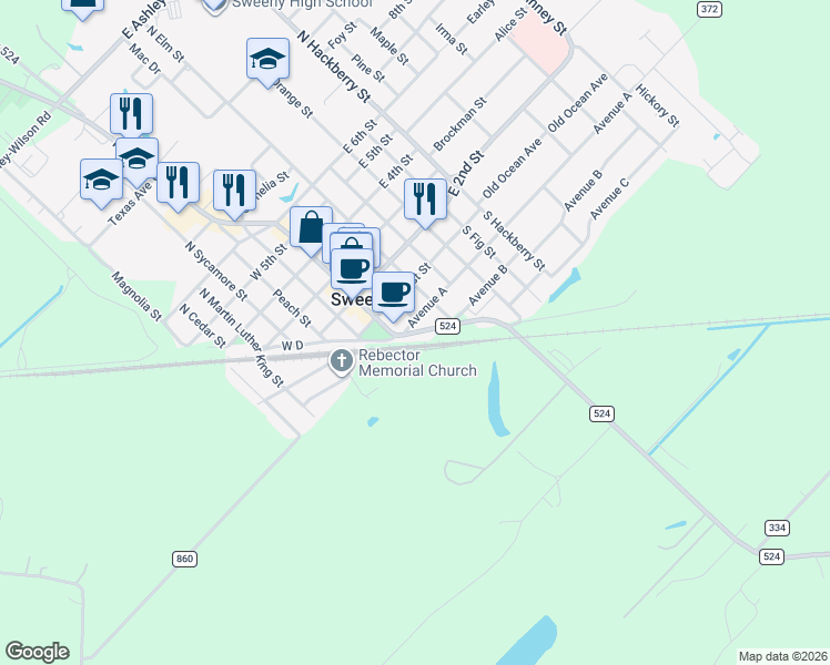 map of restaurants, bars, coffee shops, grocery stores, and more near 106 South Oak Street in Sweeny
