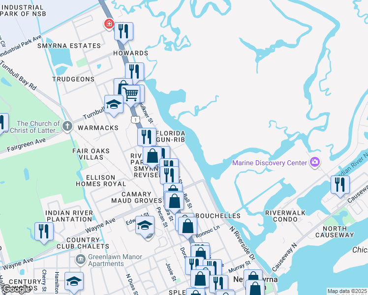 map of restaurants, bars, coffee shops, grocery stores, and more near 100 Azalea Circle in New Smyrna Beach