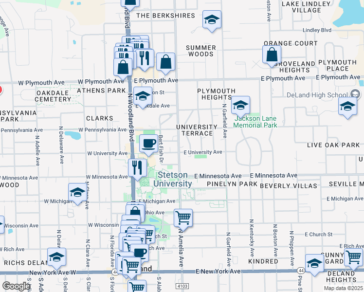 map of restaurants, bars, coffee shops, grocery stores, and more near 626 North Amelia Avenue in DeLand