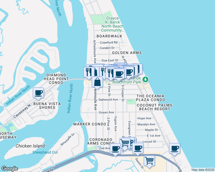 map of restaurants, bars, coffee shops, grocery stores, and more near 150 South Pine Street in New Smyrna Beach