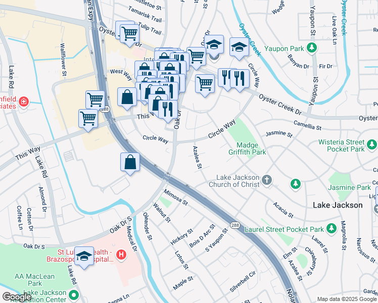 map of restaurants, bars, coffee shops, grocery stores, and more near 201 Azalea Street in Lake Jackson