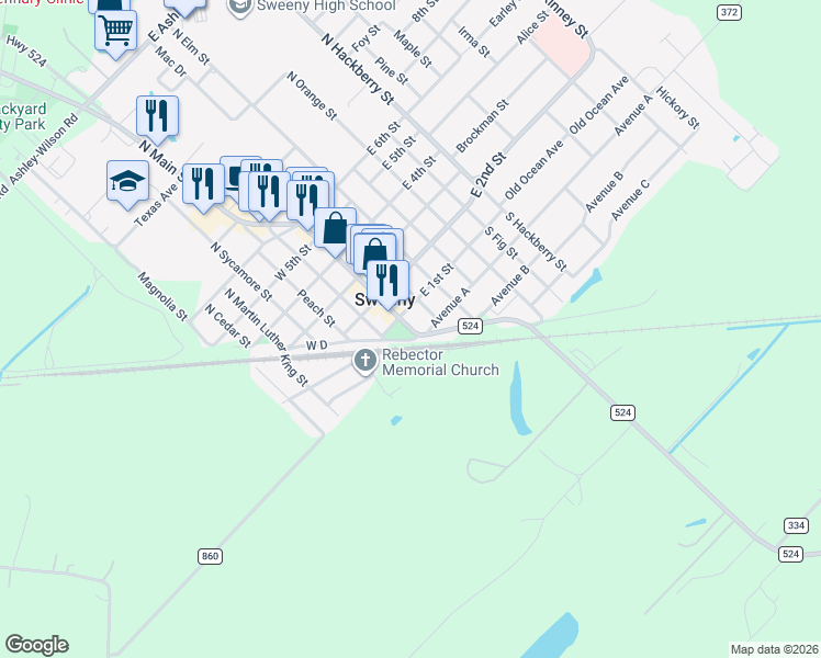 map of restaurants, bars, coffee shops, grocery stores, and more near 106 South Oak Street in Sweeny