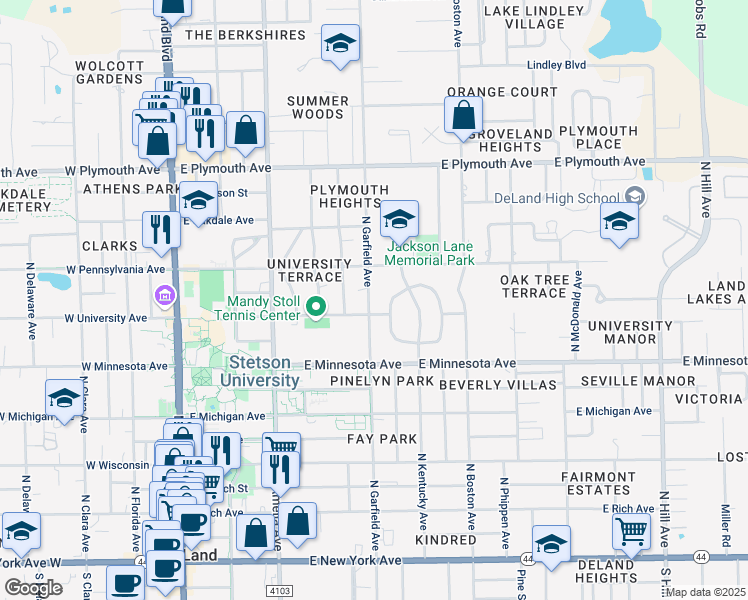 map of restaurants, bars, coffee shops, grocery stores, and more near 630 North Garfield Avenue in DeLand