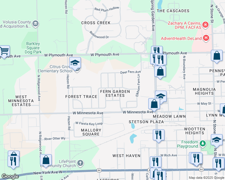 map of restaurants, bars, coffee shops, grocery stores, and more near 607 Autumn Fern Lane in DeLand