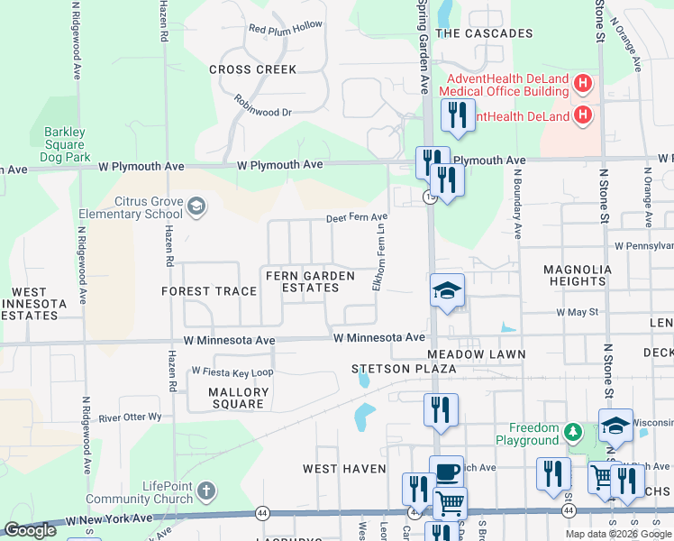 map of restaurants, bars, coffee shops, grocery stores, and more near 607 Brittle Fern Avenue in DeLand