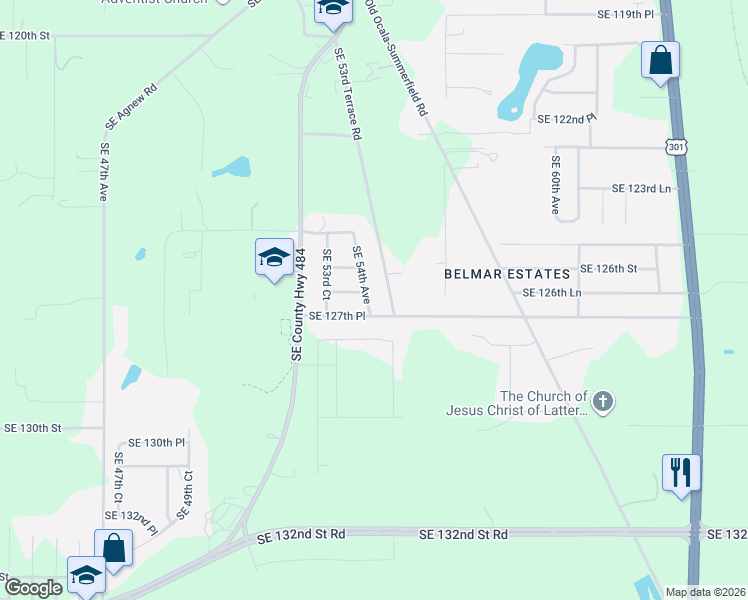 map of restaurants, bars, coffee shops, grocery stores, and more near 12681 Southeast 54th Avenue in Belleview