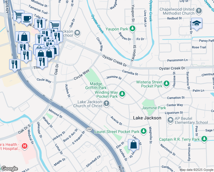 map of restaurants, bars, coffee shops, grocery stores, and more near 228 Winding Way Street in Lake Jackson
