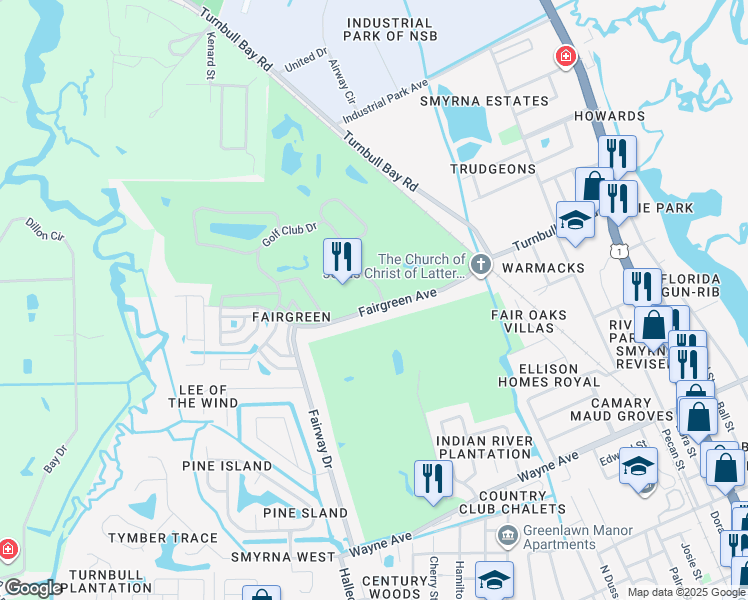 map of restaurants, bars, coffee shops, grocery stores, and more near 1134 Fairvilla Drive in New Smyrna Beach