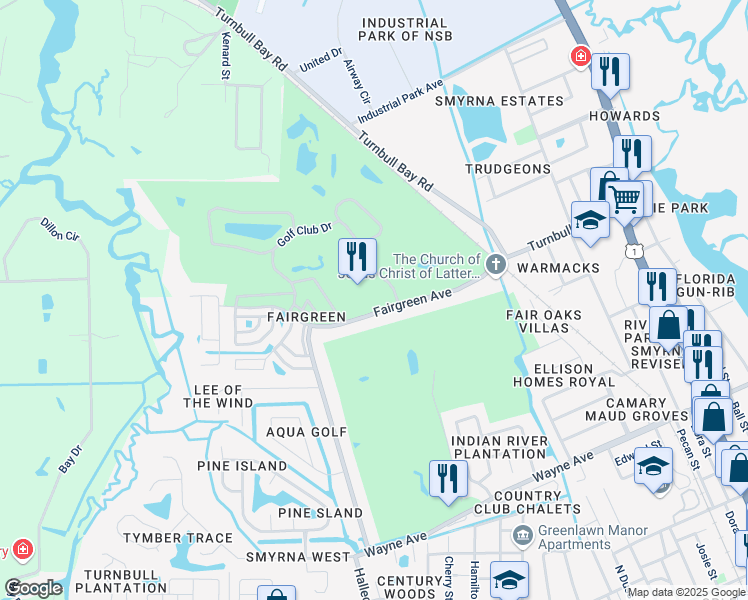 map of restaurants, bars, coffee shops, grocery stores, and more near 1134 Fairvilla Drive in New Smyrna Beach