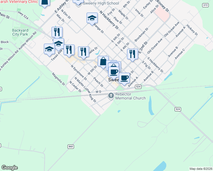 map of restaurants, bars, coffee shops, grocery stores, and more near 209 Pecan Street in Sweeny