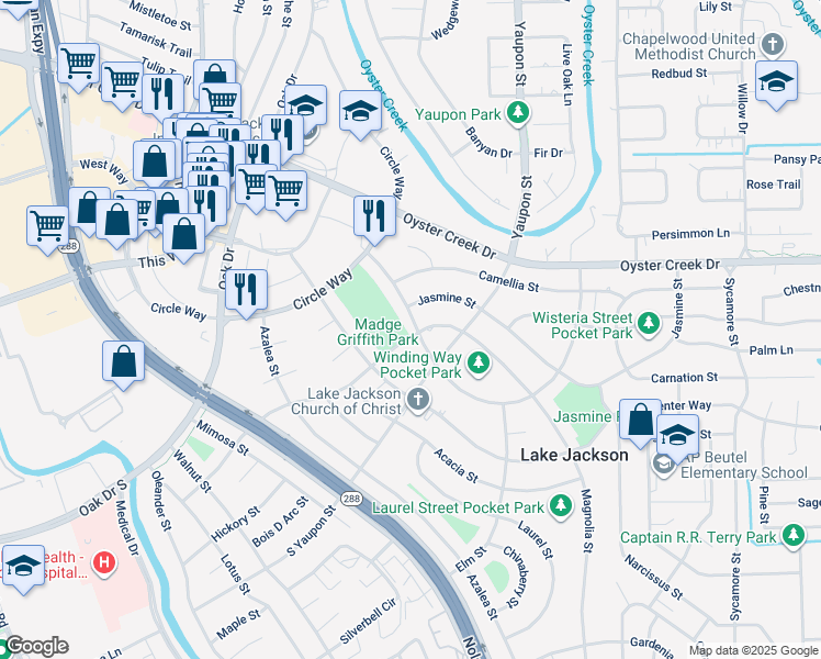 map of restaurants, bars, coffee shops, grocery stores, and more near 228 Winding Way Street in Lake Jackson
