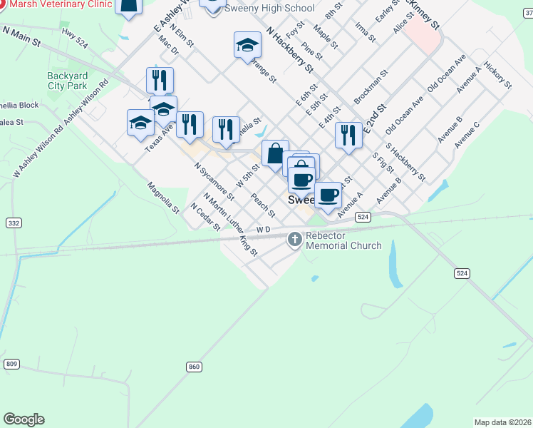 map of restaurants, bars, coffee shops, grocery stores, and more near 305 Peach Street in Sweeny