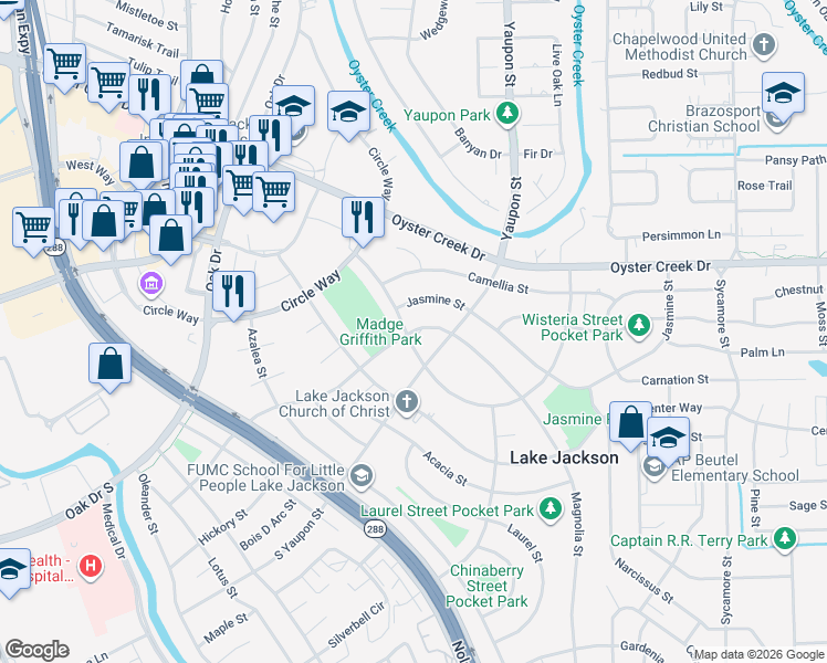 map of restaurants, bars, coffee shops, grocery stores, and more near 228 Winding Way Street in Lake Jackson