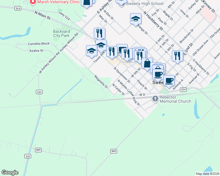 map of restaurants, bars, coffee shops, grocery stores, and more near 603 West 6th Street in Sweeny