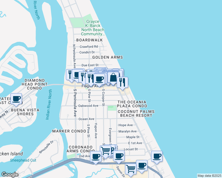 map of restaurants, bars, coffee shops, grocery stores, and more near 407 Flagler Avenue in New Smyrna Beach