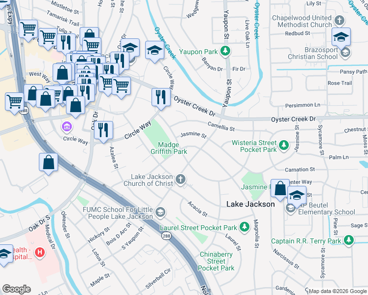 map of restaurants, bars, coffee shops, grocery stores, and more near 228 Winding Way Street in Lake Jackson