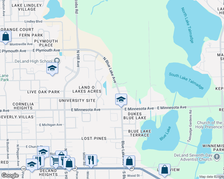 map of restaurants, bars, coffee shops, grocery stores, and more near 530 North Blue Lake Avenue in DeLand