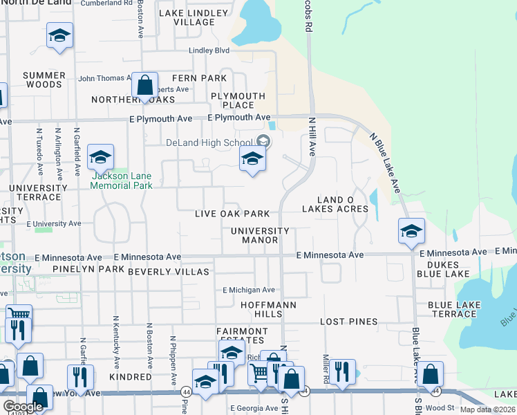 map of restaurants, bars, coffee shops, grocery stores, and more near 907 Crescent Parkway in DeLand