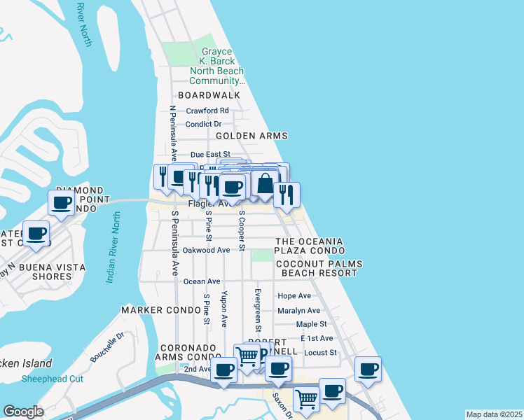 map of restaurants, bars, coffee shops, grocery stores, and more near 407 Flagler Avenue in New Smyrna Beach