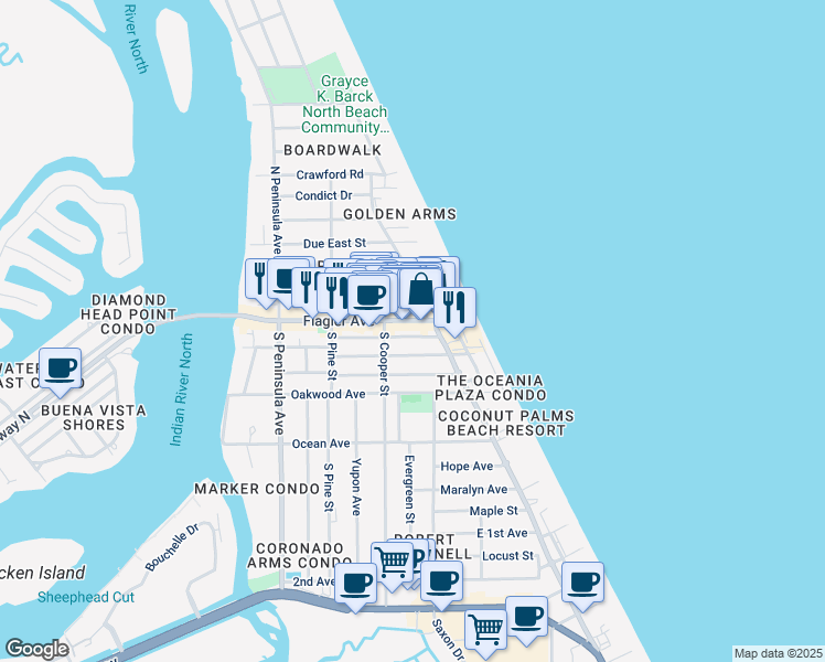 map of restaurants, bars, coffee shops, grocery stores, and more near 407 Flagler Avenue in New Smyrna Beach