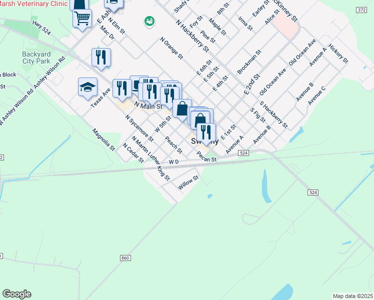 map of restaurants, bars, coffee shops, grocery stores, and more near 209 Pecan Street in Sweeny
