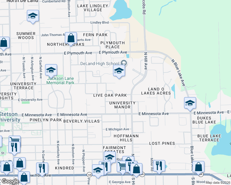 map of restaurants, bars, coffee shops, grocery stores, and more near 907 Crescent Parkway in DeLand
