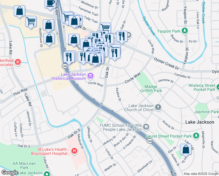 map of restaurants, bars, coffee shops, grocery stores, and more near in Lake Jackson