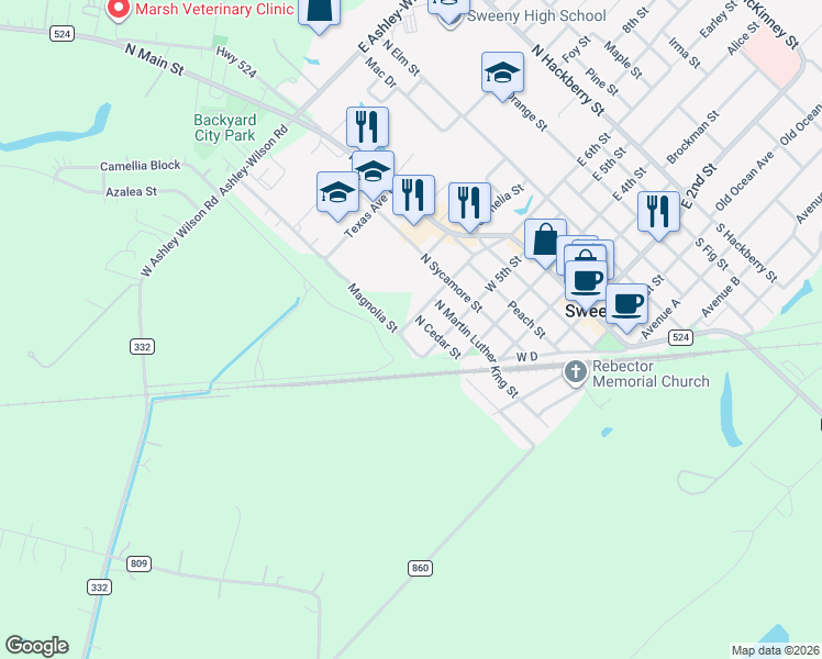 map of restaurants, bars, coffee shops, grocery stores, and more near 603 West 6th Street in Sweeny