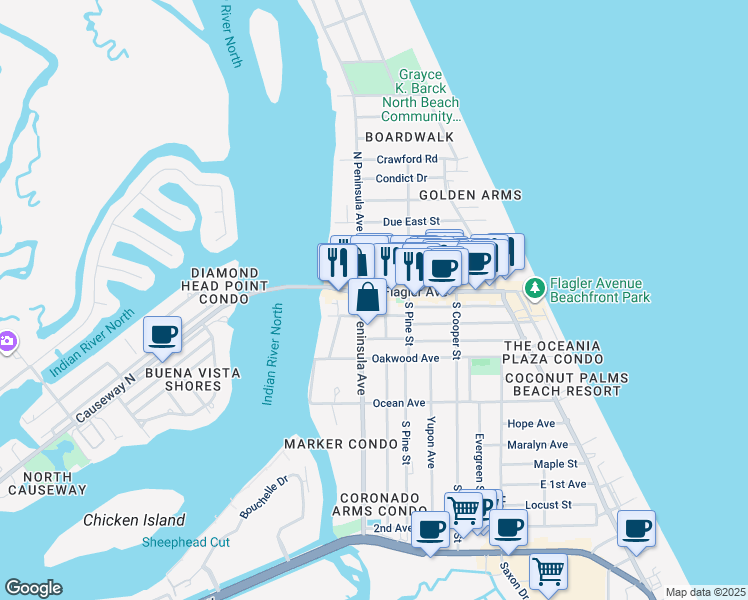 map of restaurants, bars, coffee shops, grocery stores, and more near 101 South Peninsula Avenue in New Smyrna Beach