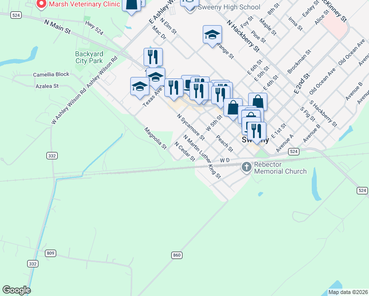 map of restaurants, bars, coffee shops, grocery stores, and more near 505 North Martin Luther King Street in Sweeny