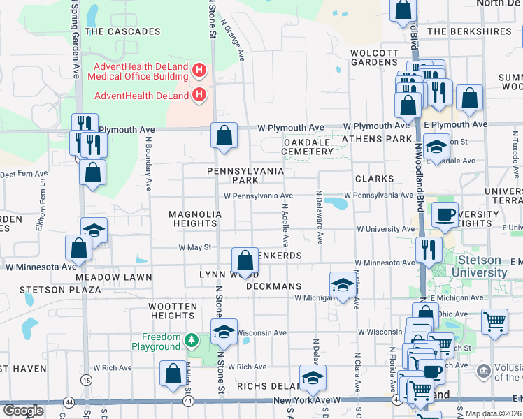 map of restaurants, bars, coffee shops, grocery stores, and more near 535 West Florence Avenue in DeLand