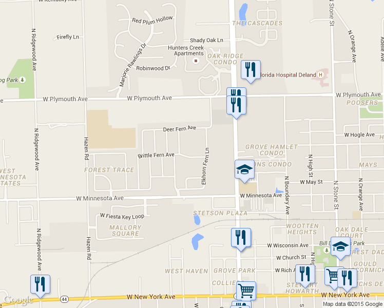 map of restaurants, bars, coffee shops, grocery stores, and more near 607 Brittle Fern Avenue in DeLand