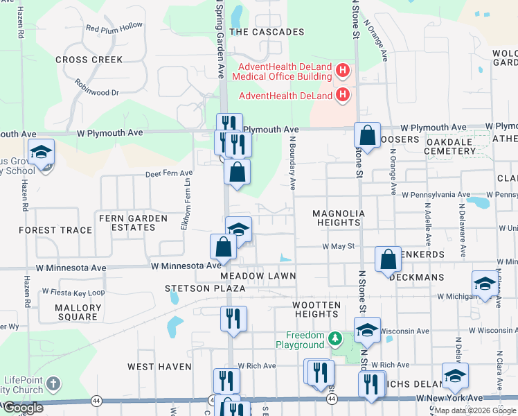 map of restaurants, bars, coffee shops, grocery stores, and more near 660 Sanford Court in DeLand