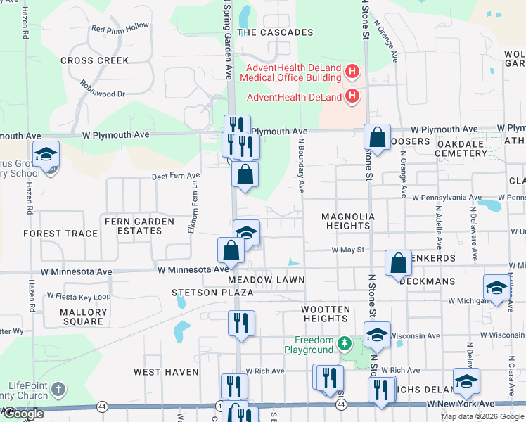 map of restaurants, bars, coffee shops, grocery stores, and more near 660 Sanford Court in DeLand
