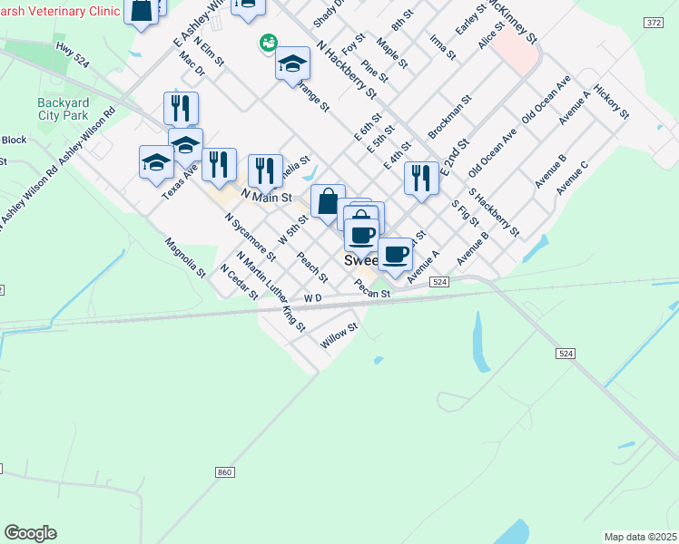 map of restaurants, bars, coffee shops, grocery stores, and more near 209 Pecan St in Sweeny