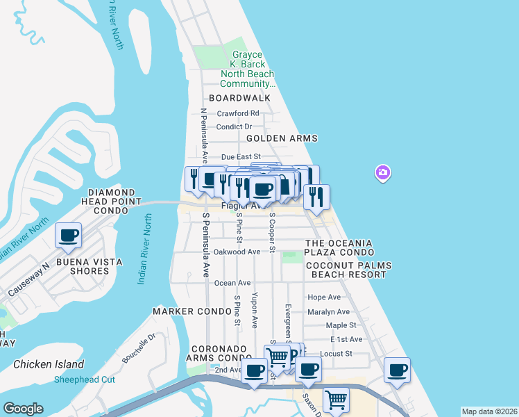 map of restaurants, bars, coffee shops, grocery stores, and more near 315 Flagler Avenue in New Smyrna Beach