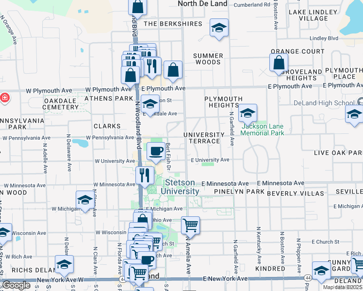 map of restaurants, bars, coffee shops, grocery stores, and more near 626 North Amelia Avenue in DeLand