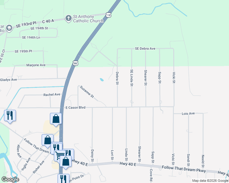 map of restaurants, bars, coffee shops, grocery stores, and more near 310 Debra Street in Inglis