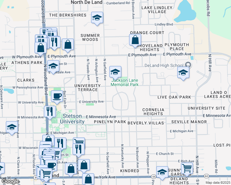 map of restaurants, bars, coffee shops, grocery stores, and more near 25 North University Circle in DeLand