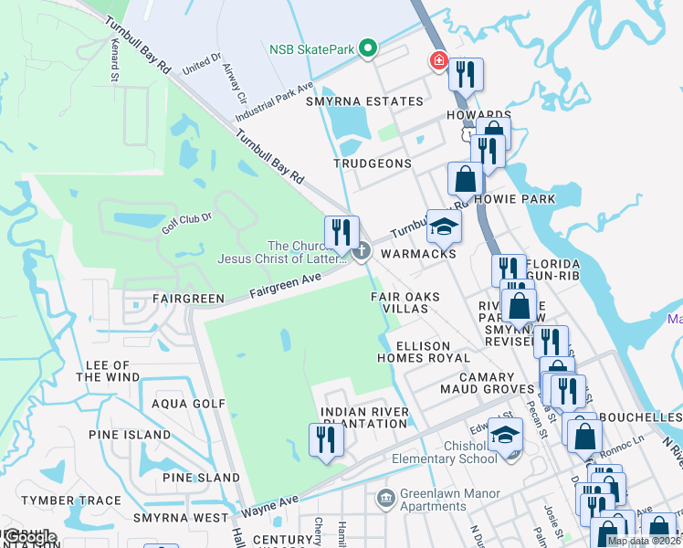 map of restaurants, bars, coffee shops, grocery stores, and more near 4 Fairgreen Avenue in New Smyrna Beach