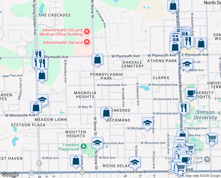 map of restaurants, bars, coffee shops, grocery stores, and more near 535 West Florence Avenue in DeLand
