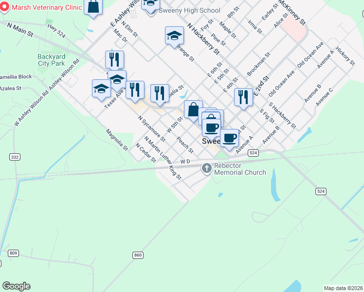 map of restaurants, bars, coffee shops, grocery stores, and more near 305 Peach St in Sweeny
