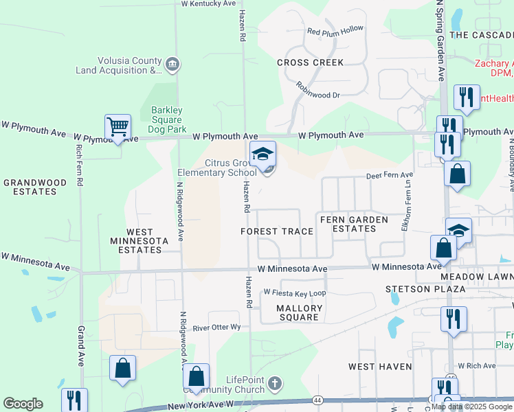 map of restaurants, bars, coffee shops, grocery stores, and more near 708 Cypress Oak Circle in DeLand