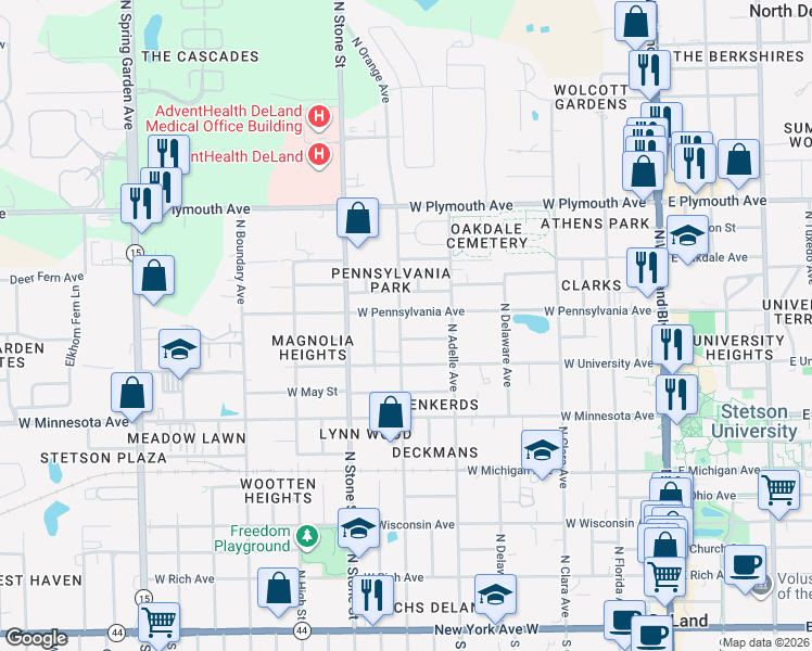 map of restaurants, bars, coffee shops, grocery stores, and more near 535 West Florence Avenue in DeLand