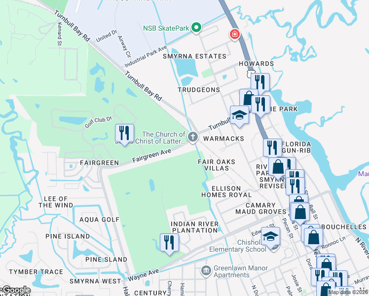 map of restaurants, bars, coffee shops, grocery stores, and more near 4 Fairgreen Avenue in New Smyrna Beach