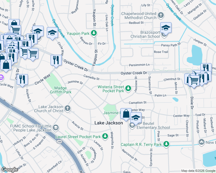 map of restaurants, bars, coffee shops, grocery stores, and more near 701 Winding Way St in Lake Jackson