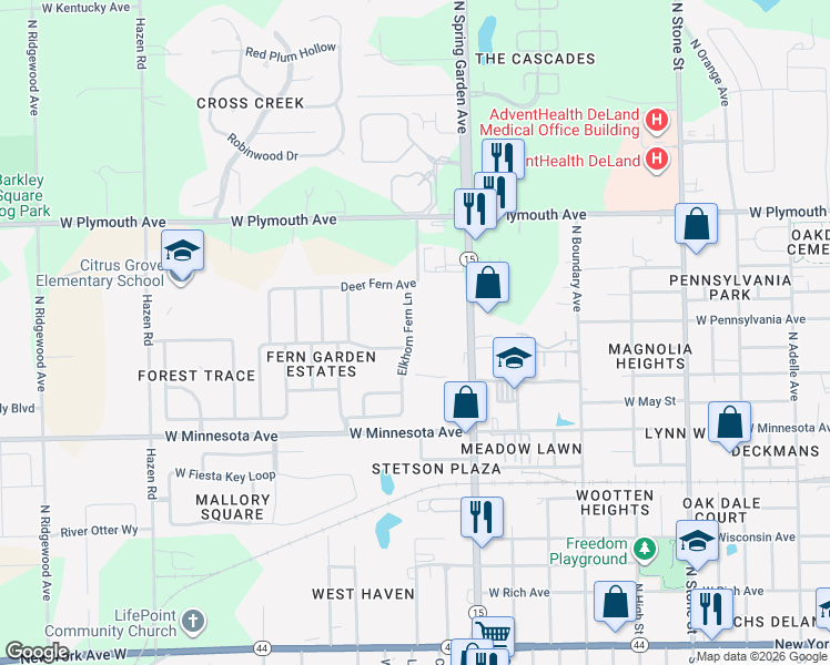 map of restaurants, bars, coffee shops, grocery stores, and more near 702 Elkhorn Fern Lane in DeLand